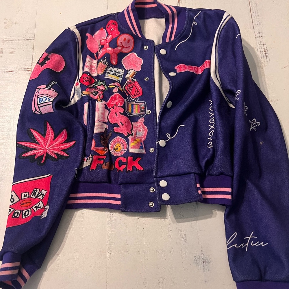 Purple Embroidered Patch Bomber Jacket - Women's - image 1